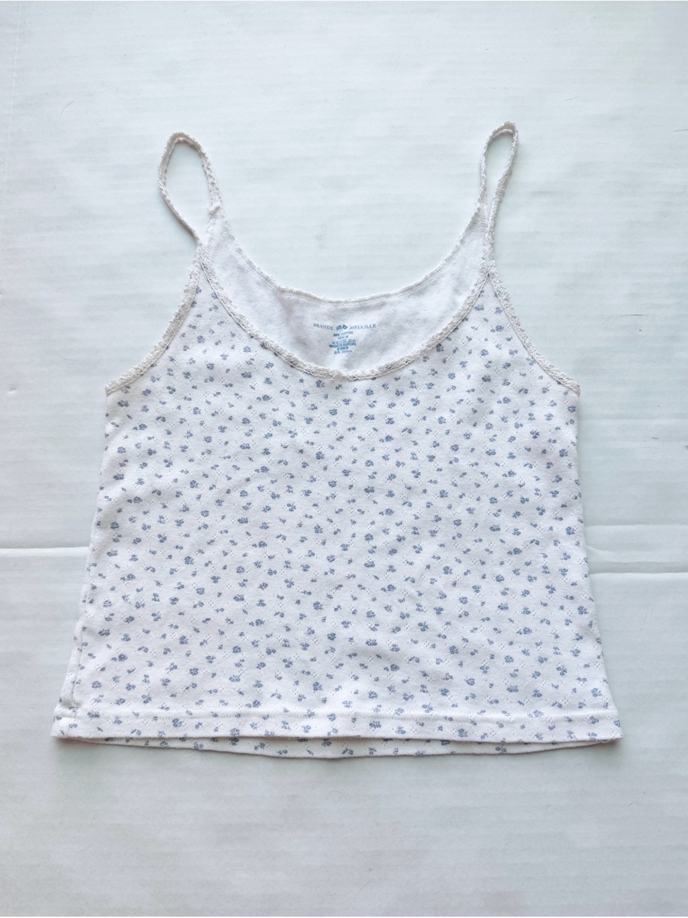 Brandy Melville  Beyonca Floral Eyelet Cropped Tank Top in white/blue